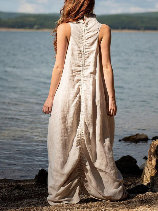 Stand Collar Sleeveless Loose Cotton Linen Dress