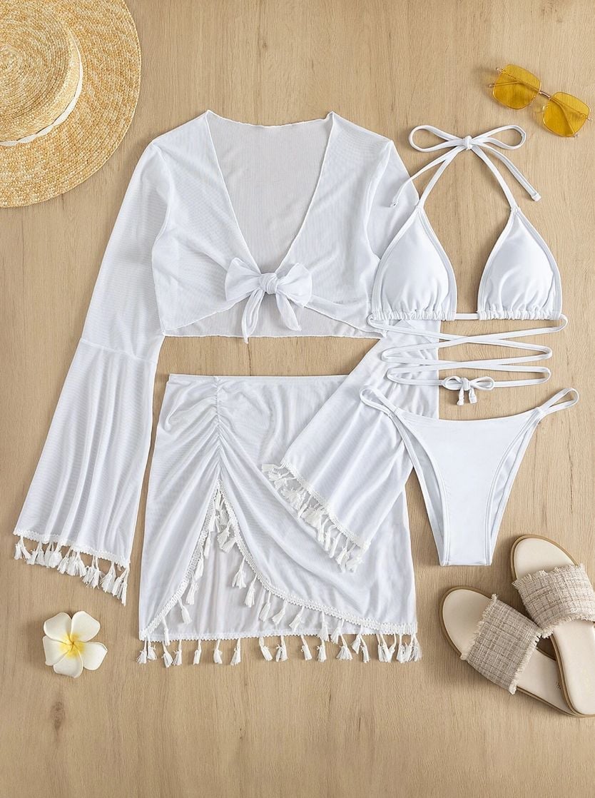 Women's Sexy Fringed Mesh Swimsuit Four-Piece Set