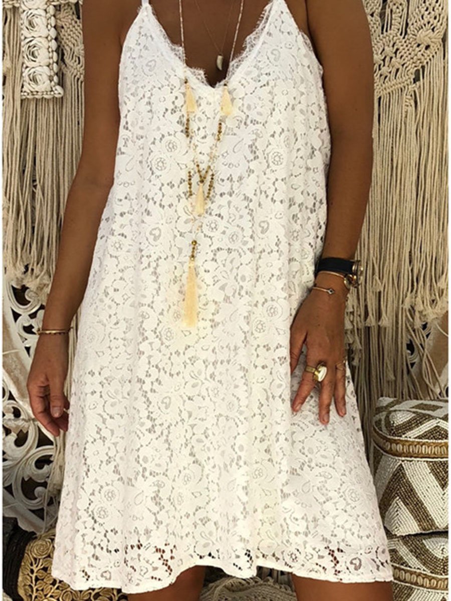 V-Neck Straps Lace Dress