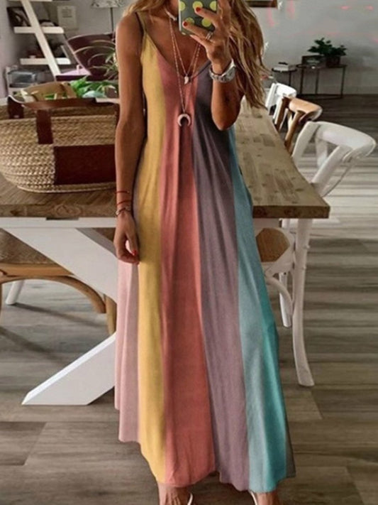 V-Neck Straps Color Block Maxi Dress