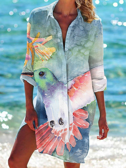 Hummingbird Print Casual Sun Protection Shirt