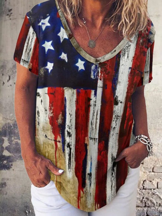 Women's Vintage Oil Painting Flag Print V-Neck Tee