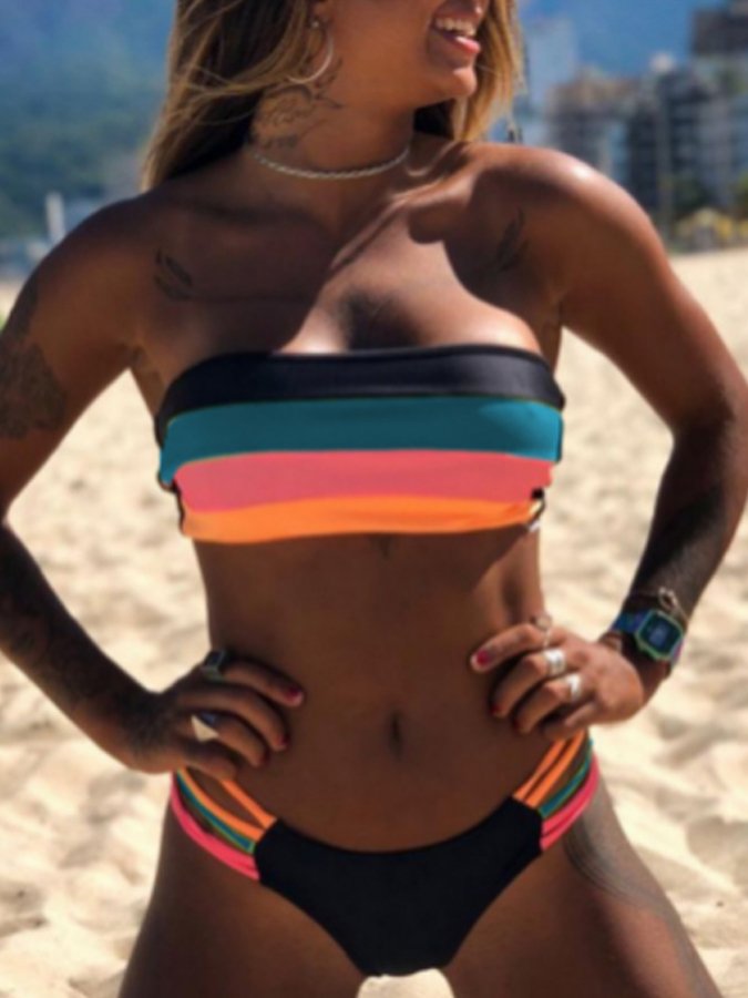 Women's Casual Beach Plain Cloth Stitched Stripe Swimsuit