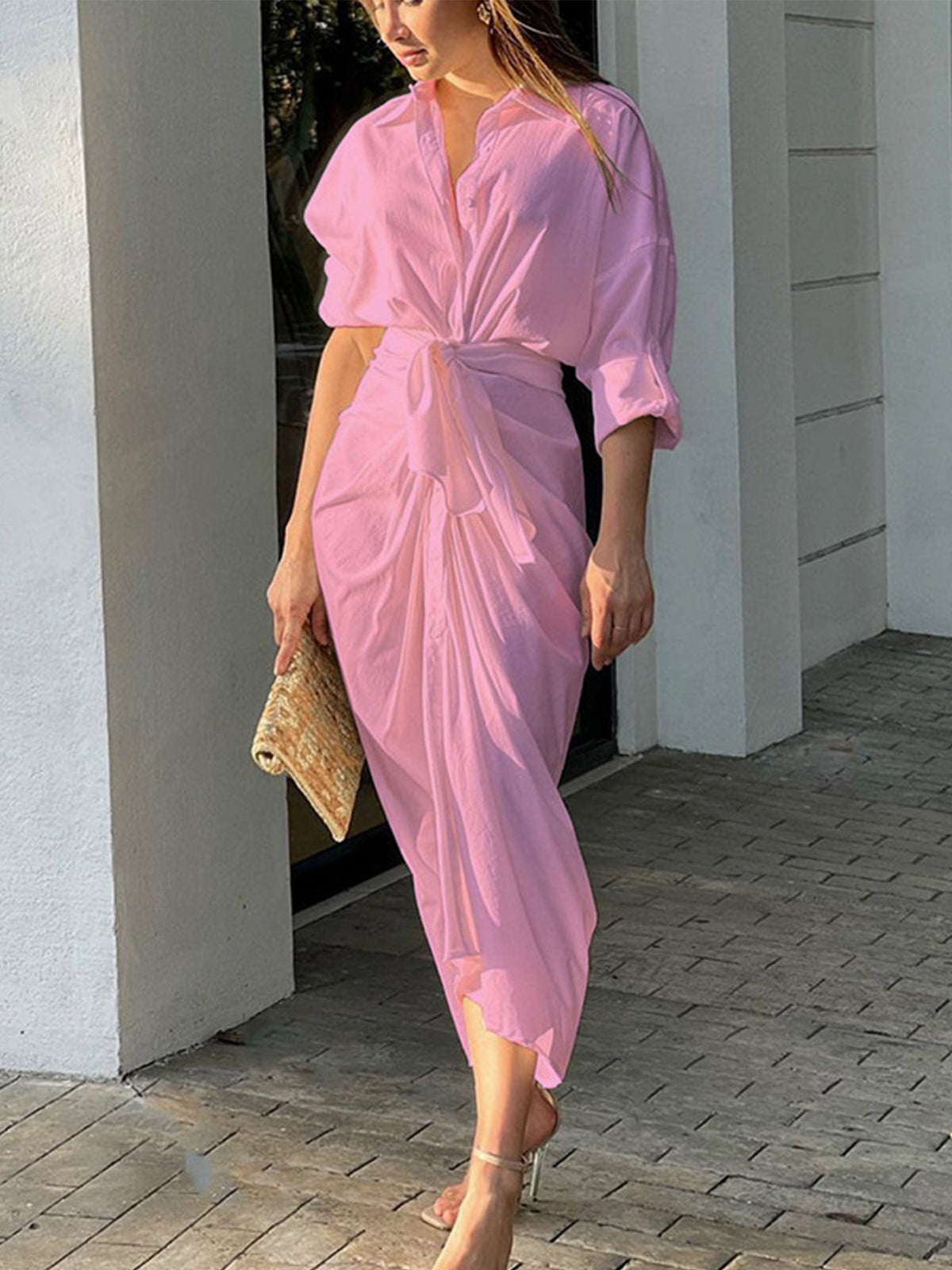 Women's Solid Color Sexy Pleated Arms Cardigan Shirt Dress