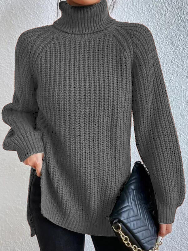 Cotton Turtleneck Raglan Sleeve Split Hem Sweater