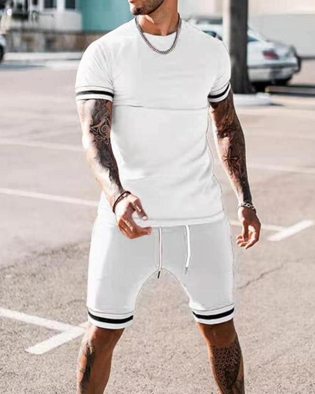 Black Crew Neck Striped Casual Short Suits