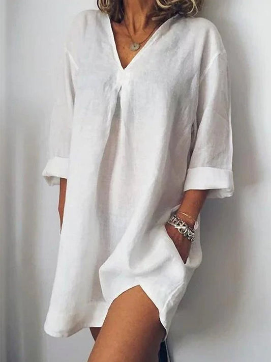 Women's Pure Color V-Neck Linen Dress