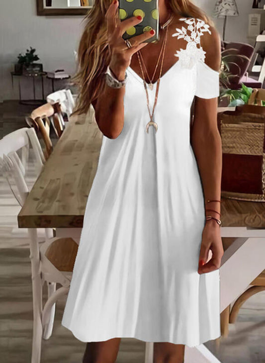 Solid Lace Short Sleeves Cold Shoulder Sleeve Above Knee Dress