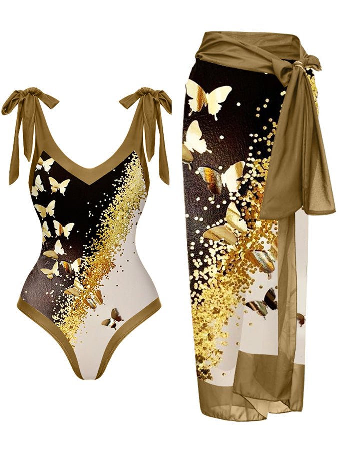 V-Neck Colorblock Butterfly Print One-Piece Swimsuit Set