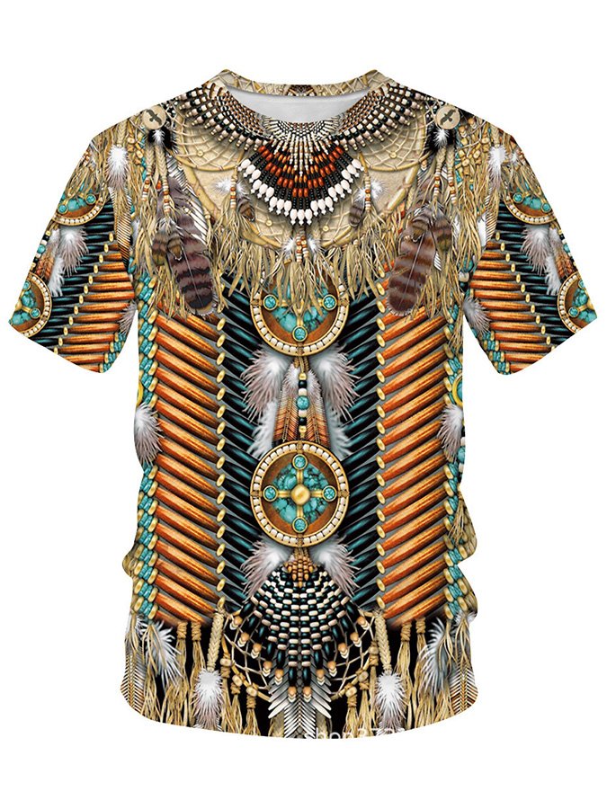 Men's Western Ethnic Print Crew Neck Short Sleeve T-Shirt