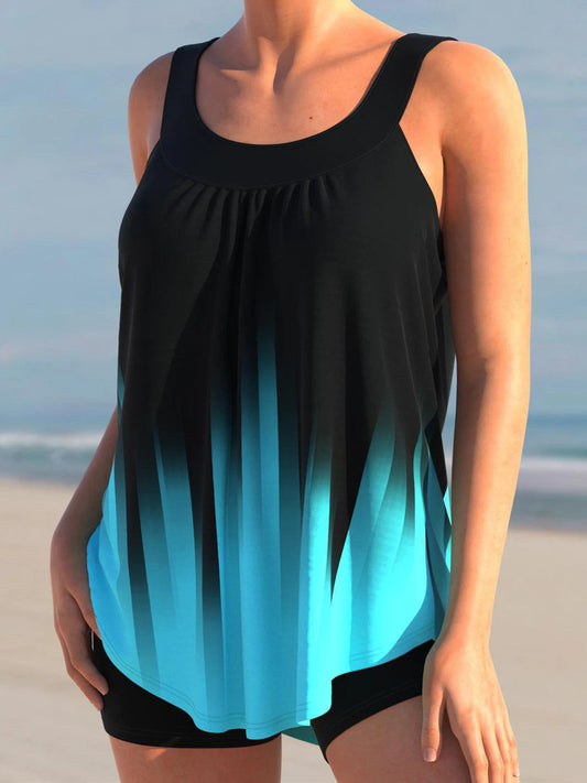 Stripe Print Ombre Cyan Tankini Set