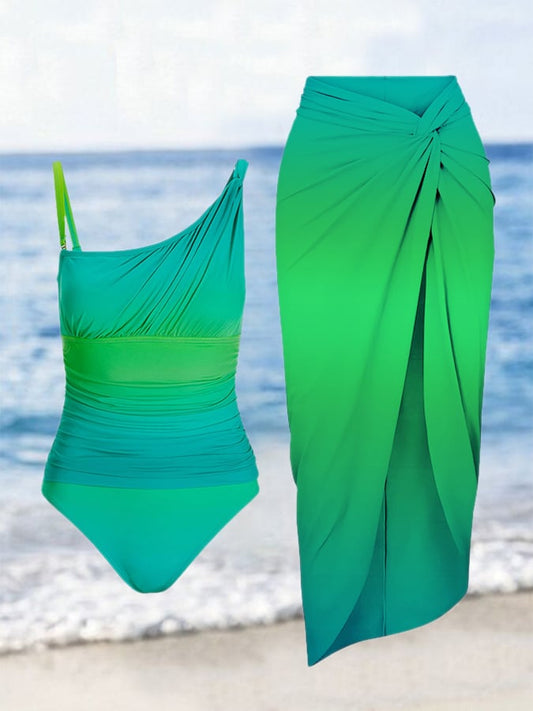 Luminous Ombre Print One-piece Swimsuit And Skirt