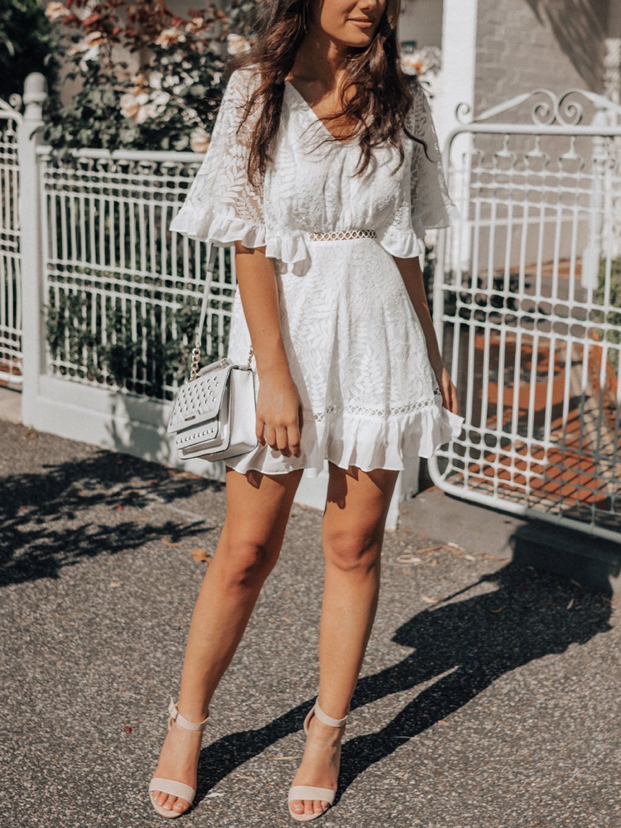 V-Neck Lace Hollow Out Mini Dress