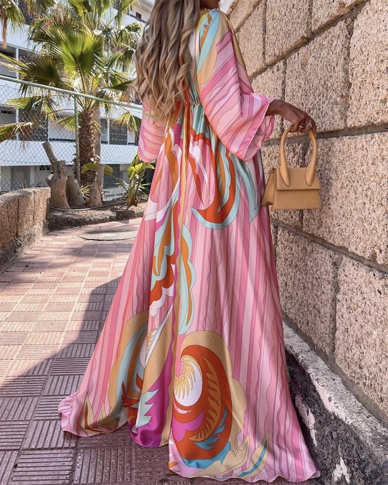 Printed button bat sleeve dress