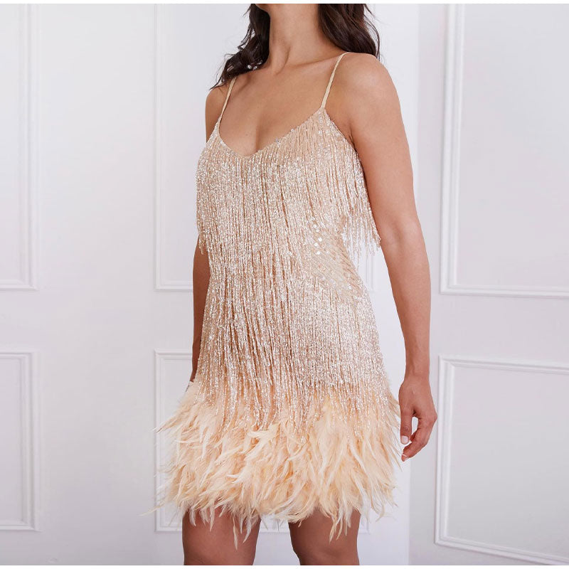 Women's Feather Fringe Sequin Spaghetti Strap Dress（Free Shipping For A Limited Time!）