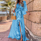 Digital Print V-neck Smocked Split Floor Length Dress