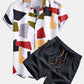 Geometric Color Block Print Button Up Shirt & Swim Shorts
