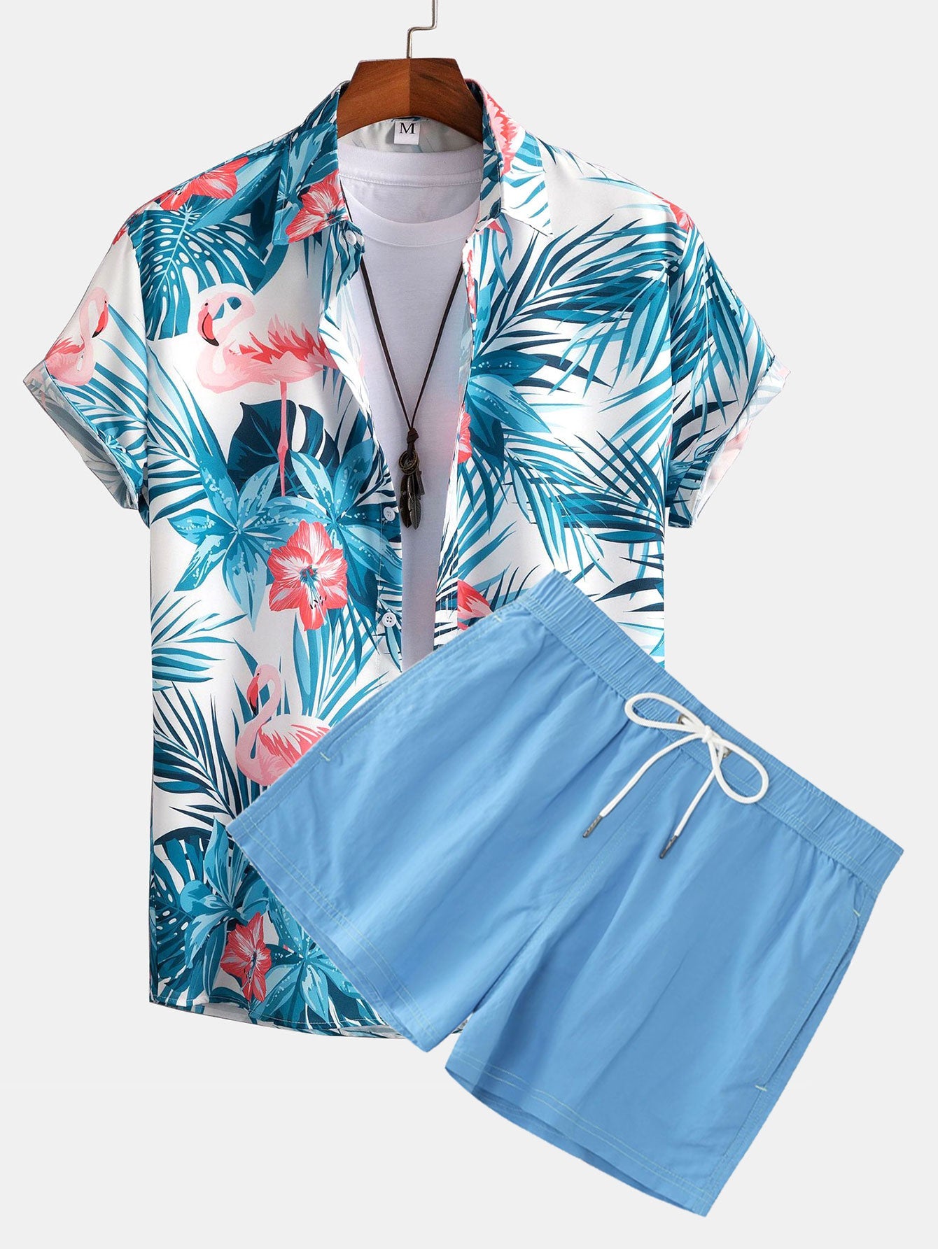 Flamingo Tropical Print Button Up Shirt & Short Length Swim Shorts