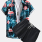 Flamingo Tropical Print Button Up Shirt & Short Length Swim Shorts