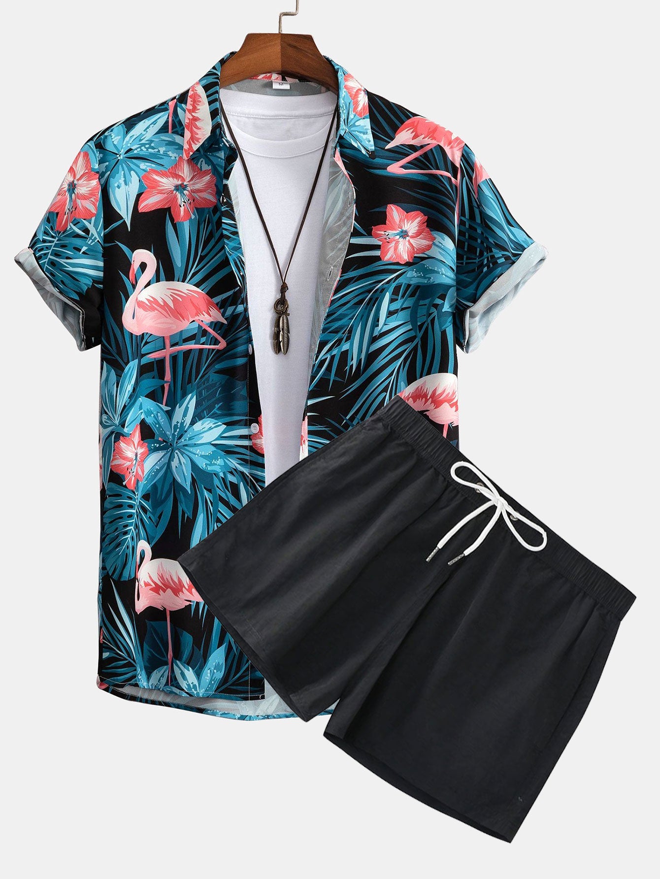 Flamingo Tropical Print Button Up Shirt & Short Length Swim Shorts