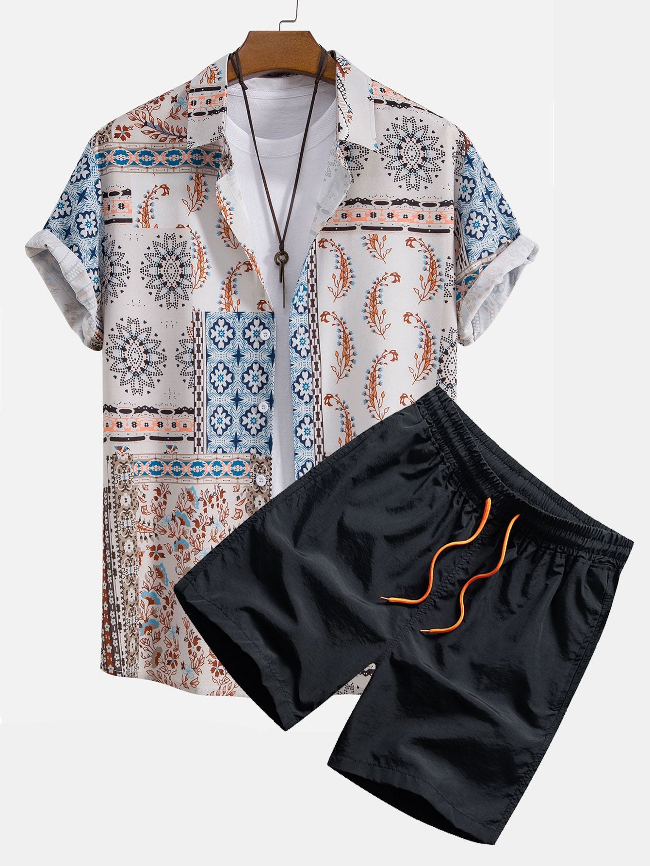 Scarf Print Button Up Shirt & Swim Shorts