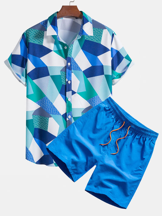 Color Block Geometric Print Shirt & Swim Shorts