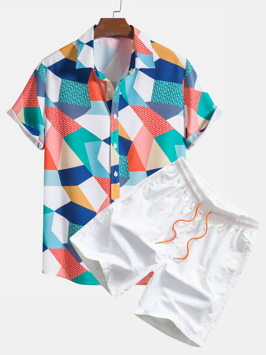 Color Block Geometric Print Shirt & Swim Shorts