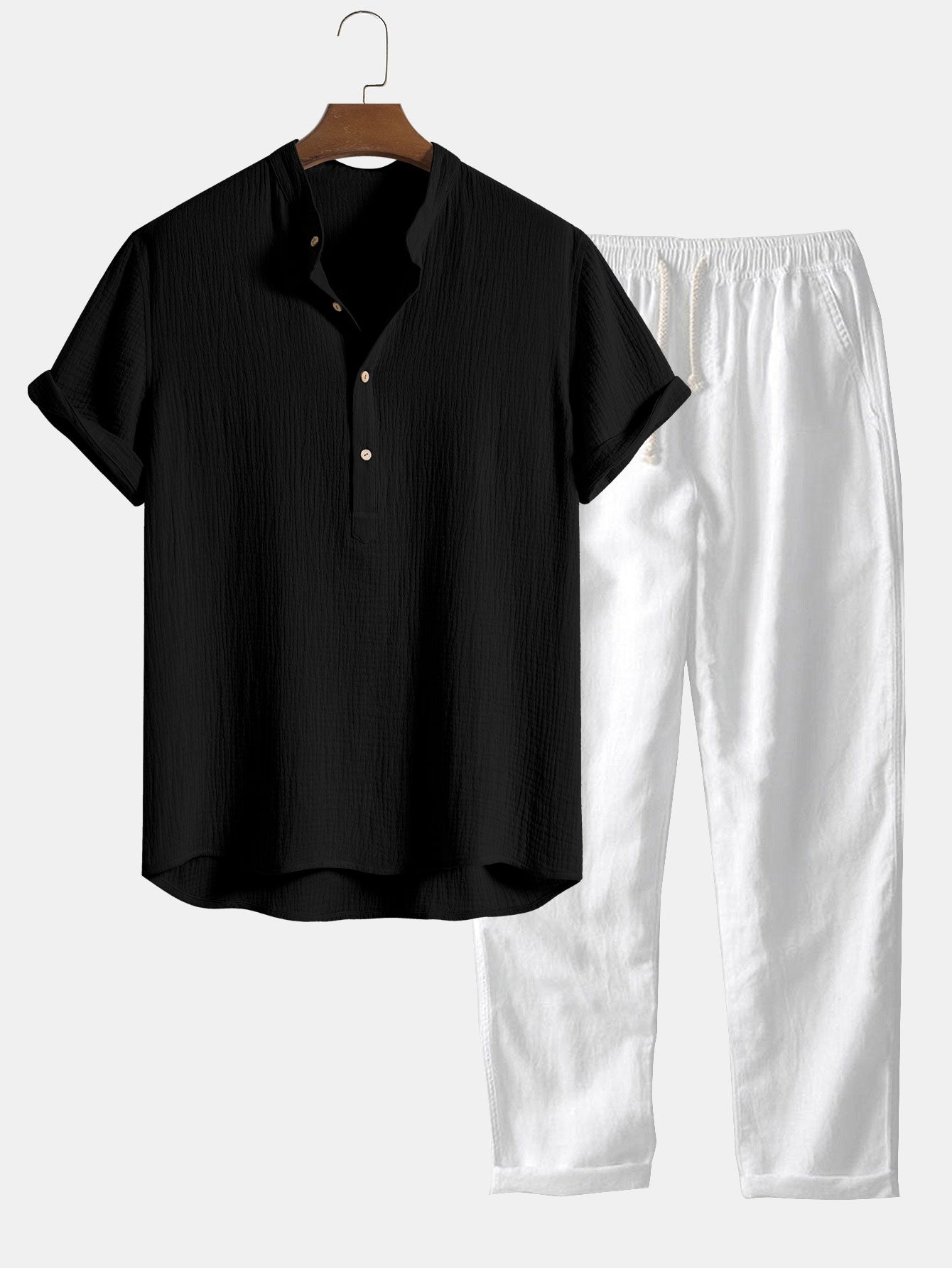 Wrinkled Cotton Half Open Placket Henley Collar Shirt & Straight Leg Linen Pants