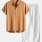 Linen Blend Striped Half Open Placket Henley Collar Shirt & Straight Leg Linen Pants