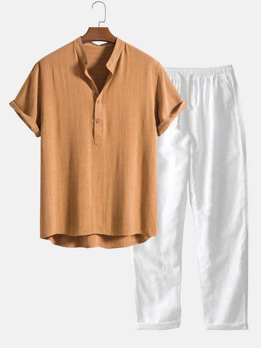 Linen Blend Striped Half Open Placket Henley Collar Shirt & Straight Leg Linen Pants