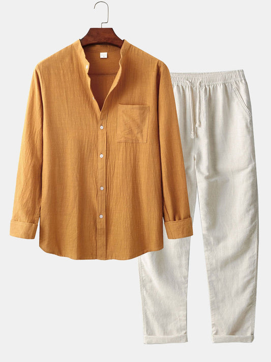 Long Sleeved Linen Look Stand Collar Shirt & Straight Leg Linen Pants