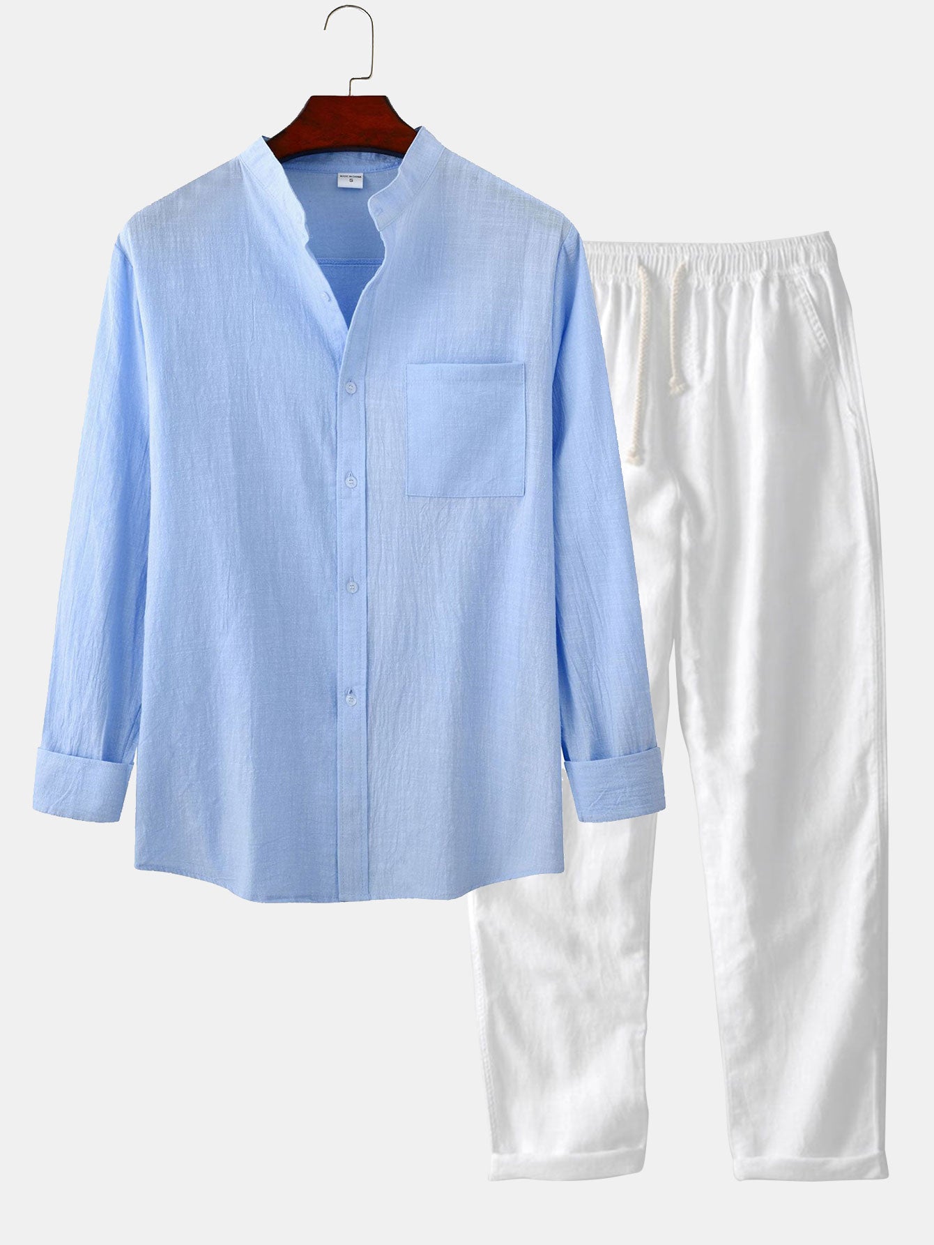 Long Sleeved Linen Look Stand Collar Shirt & Straight Leg Linen Pants