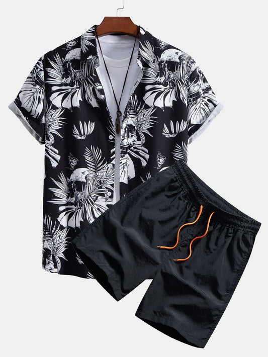 Skull Tropical Print Button Up Shirt & Swim Shorts