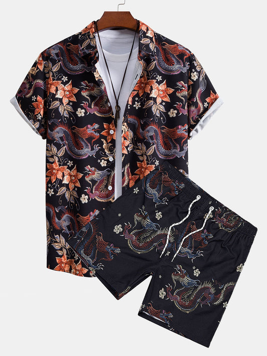 Dragon Floral Print Button Up Shirt & Dragon Print Swim Shorts