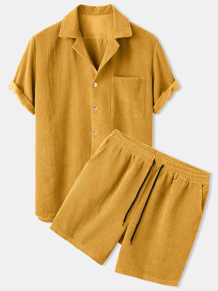 Corduroy Short Sleeved Revere Collar Shirt & Corduroy 5" Shorts