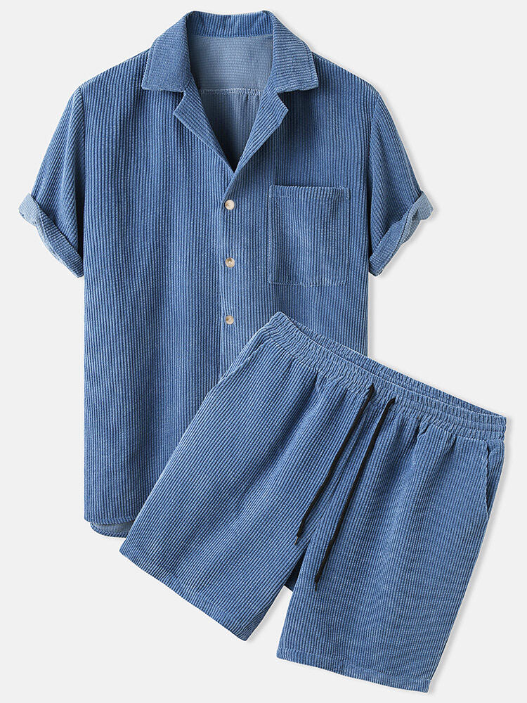 Corduroy Short Sleeved Revere Collar Shirt & Corduroy 5" Shorts