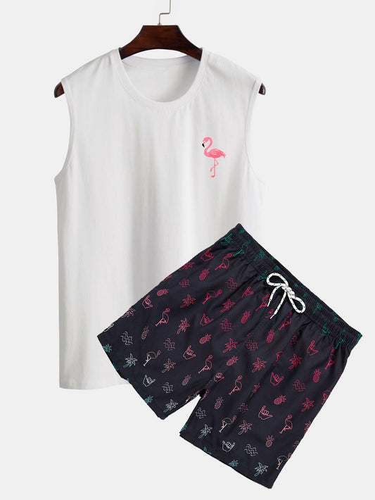 Flamingo Print Tank Top & Flamingo Print Swim Shorts