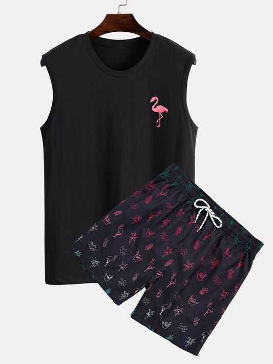 Flamingo Print Tank Top & Flamingo Print Swim Shorts