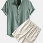 Short Sleeve Half Button Fly Henley Collar Shirt & Linen Cotton Blend 11" Shorts