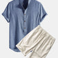 Short Sleeve Half Button Fly Henley Collar Shirt & Linen Cotton Blend 11" Shorts