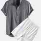Short Sleeve Half Button Fly Henley Collar Shirt & Linen Cotton Blend 11" Shorts