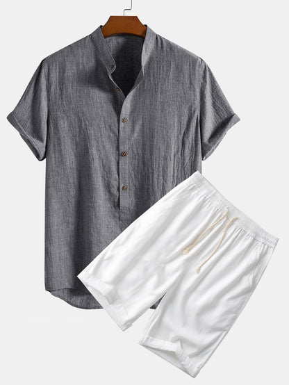 Short Sleeve Half Button Fly Henley Collar Shirt & Linen Cotton Blend 11" Shorts