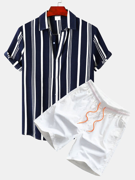 Stripe Print Button Up Shirt & Swim Shorts