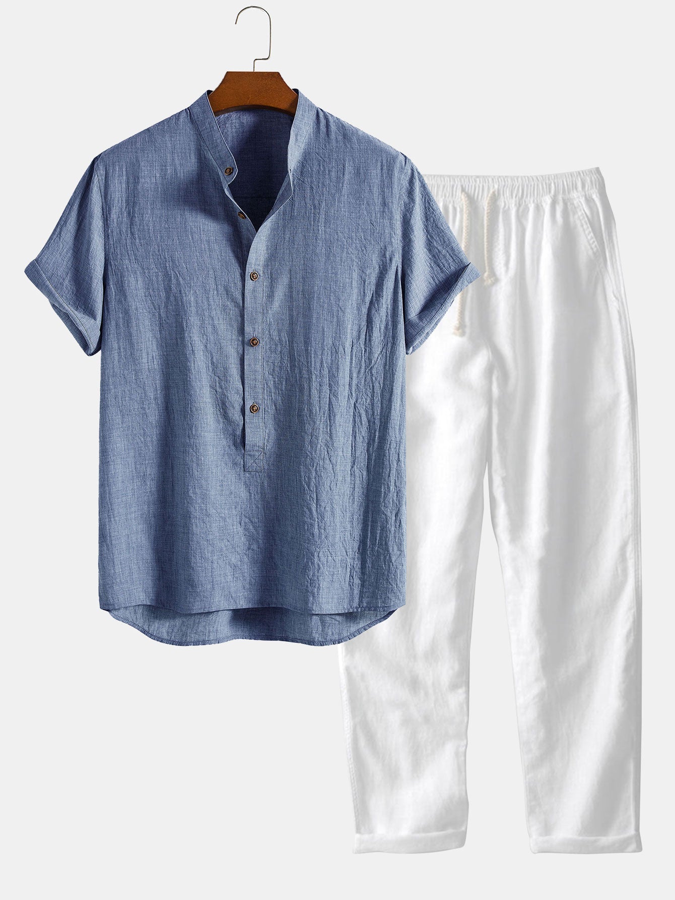 Short Sleeve Half Button Fly Henley Collar Shirt & Straight Leg Linen Pants