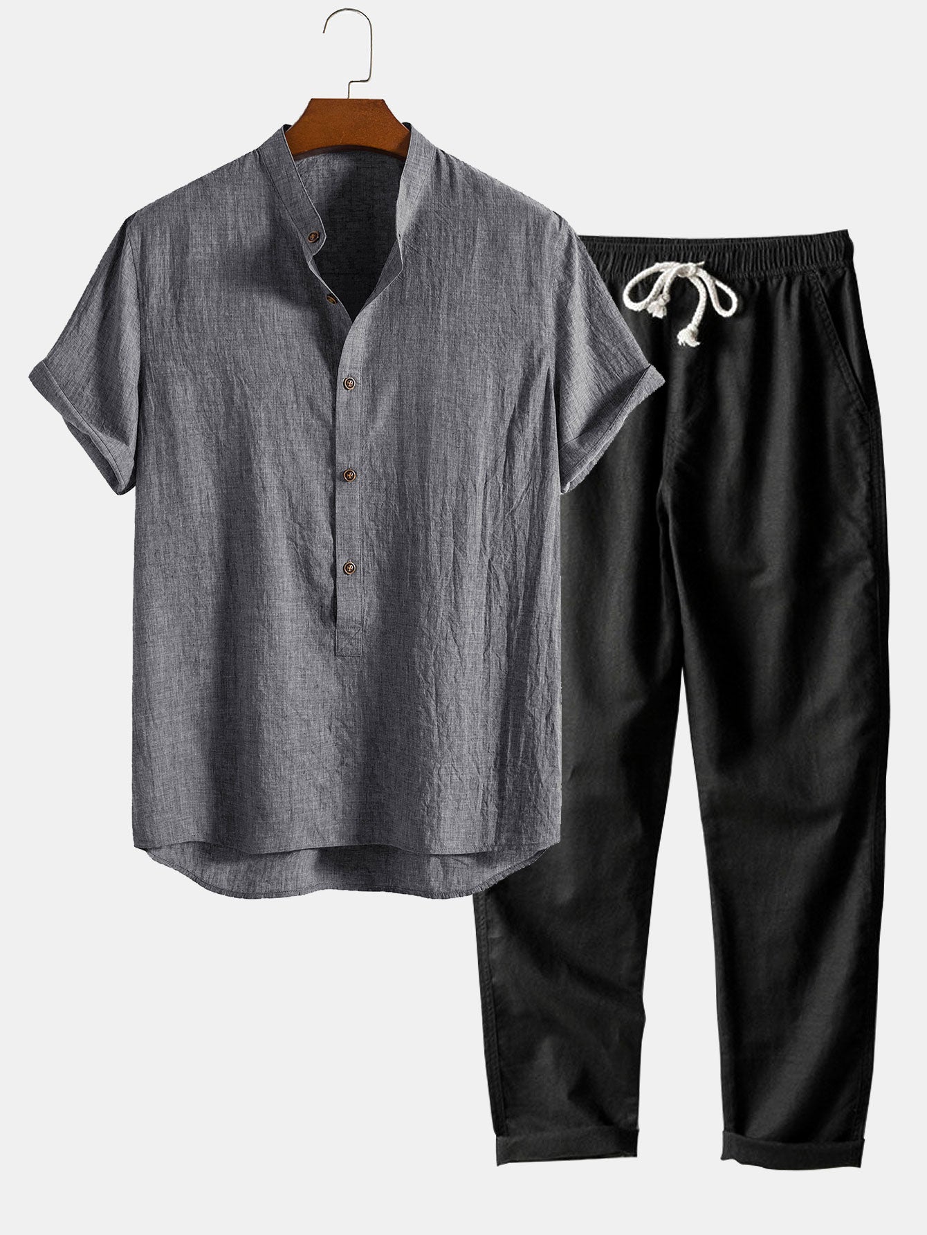 Short Sleeve Half Button Fly Henley Collar Shirt & Straight Leg Linen Pants