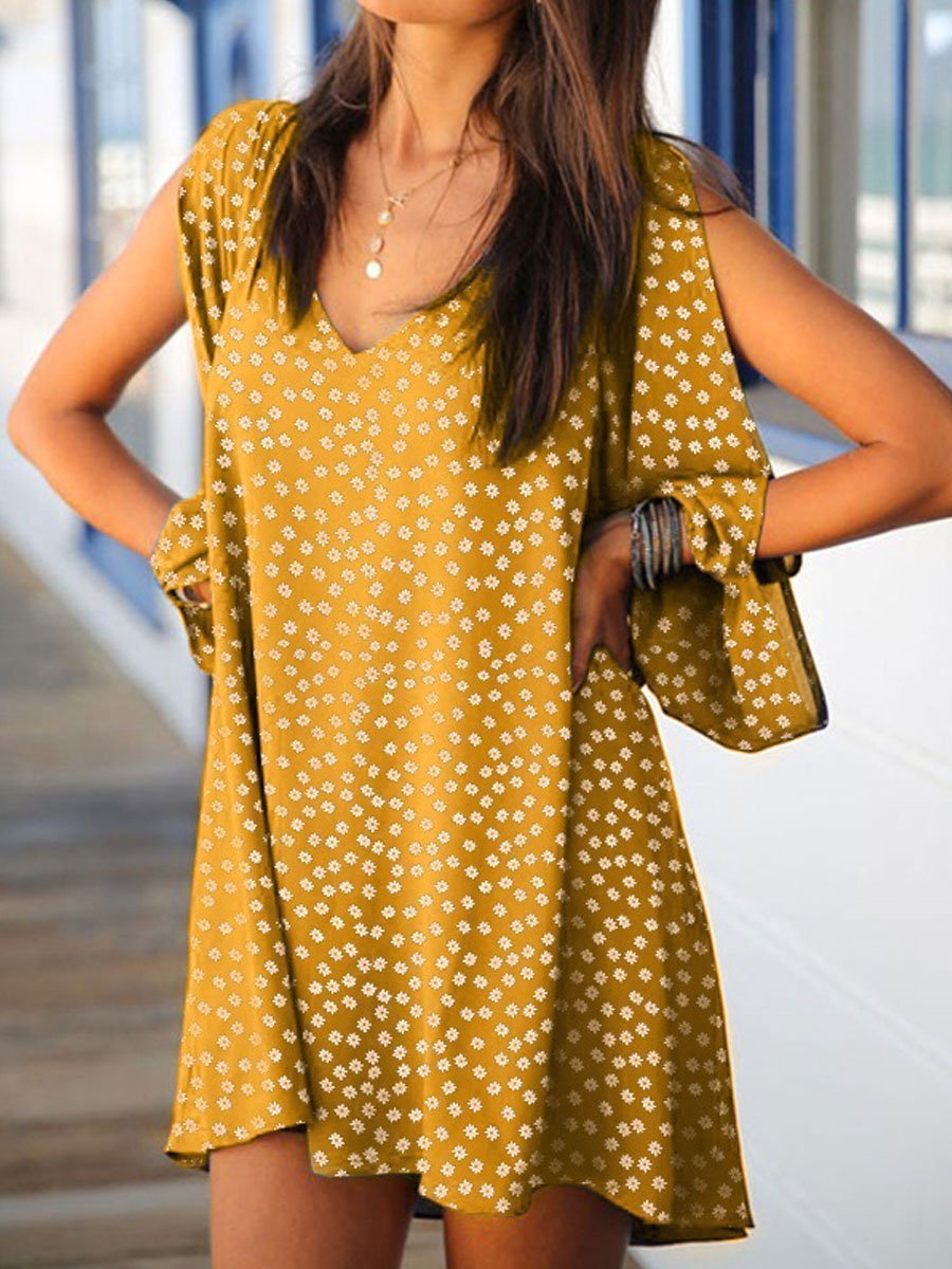 V-neck Floral Print Open Shoulder Long Sleeve Dress