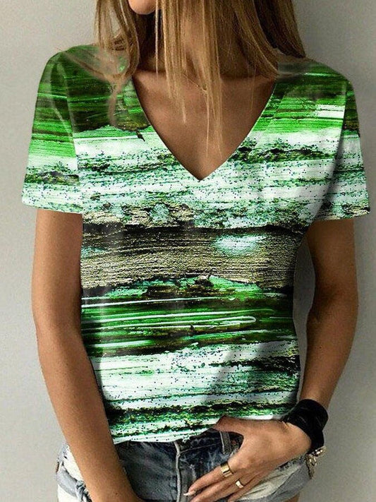 Fashion V-Neck Short Sleeve Abstract Print Top