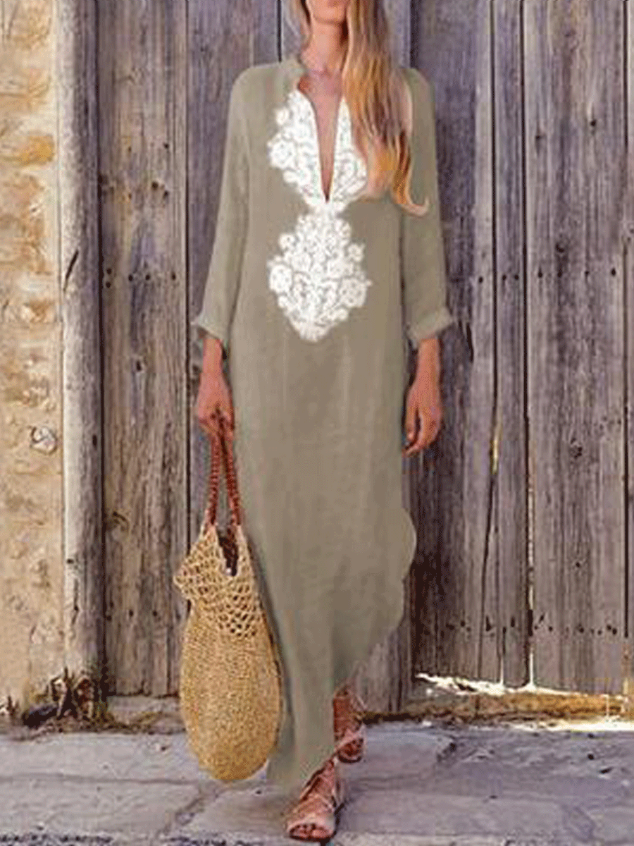 V-neck Cotton And Linen Dress