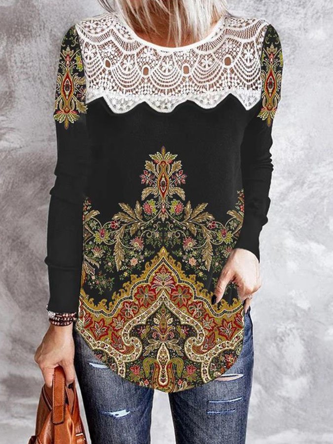 Vintage Ethnic Floral Print Long Sleeve T-Shirt