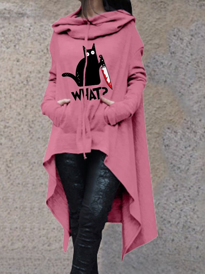 Women&#039;s Halloween Fun Black Cat Print Hooded Long Top